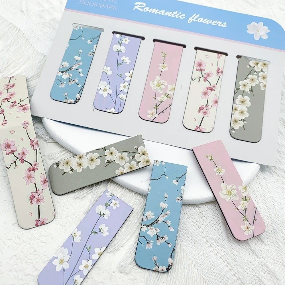Bookmark Magnetic Clip - 5 ชิ้น/เซ็ต ชุดที่คั่นหนังสือแม่เหล็กดีไซน์สีน้ำ ลายดอกไม้ ท้องฟ้ายามอาทิตย์อัสดง เมฆ